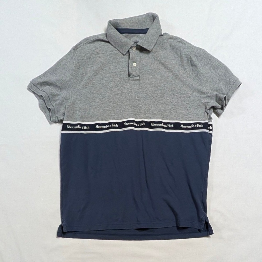 Abercrombie & Fitch Men's XXL Gray Navy Colorblock Logo Tape Polo Shirt